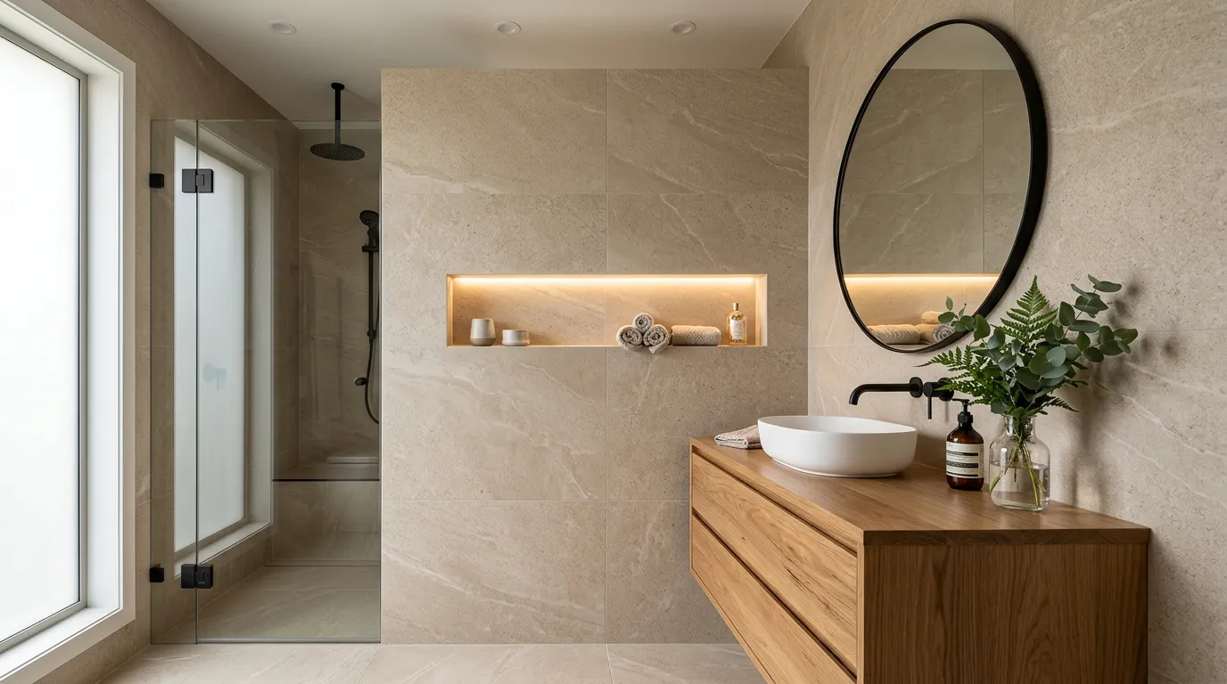 Baño en tonos arena con espejo redondo y mueble en madera