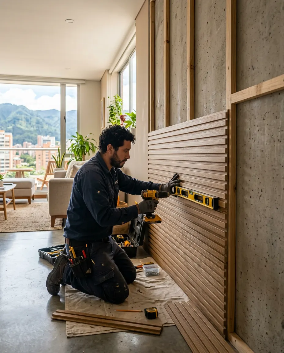 Instalador colocando un panel tipo lambrín en un apartamento