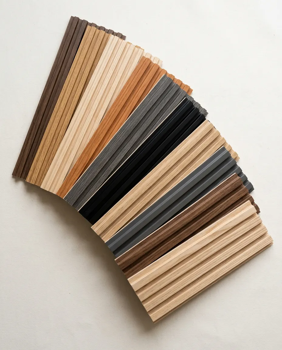 Muestras de paneles en distintos acabados de madera, negro y gris