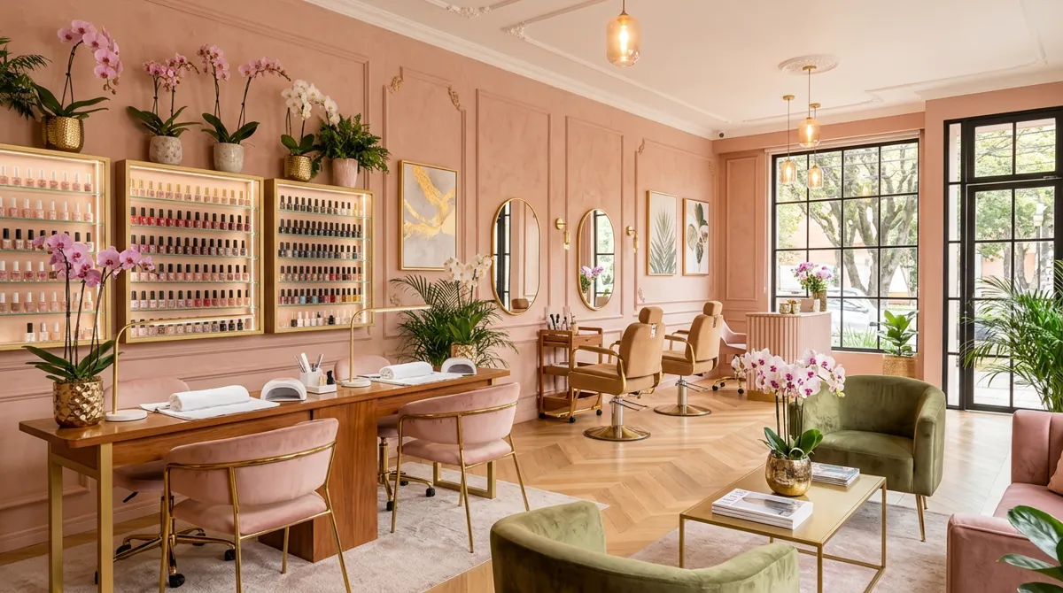 Interior del salón con tonos rosados y orquídeas